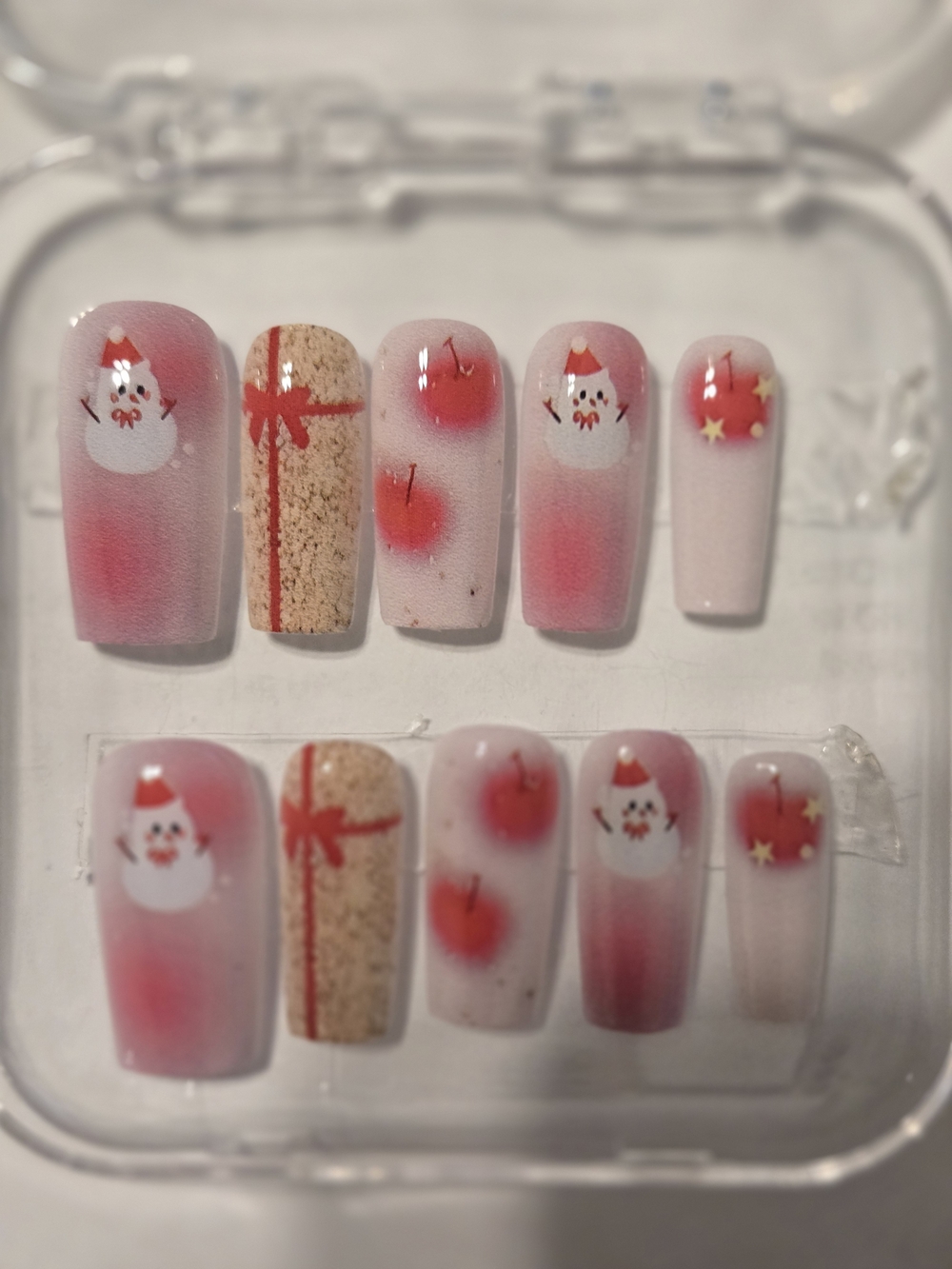 Hand Crafted Pink Holiday Snowman & Gift Press-On Nails